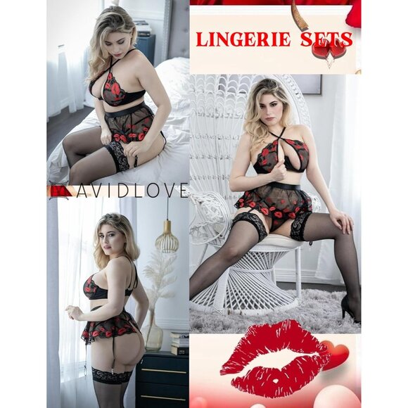 Women Red Lip Garter Lingerie Set with Underwire 3 Piece Lace High - Picture 4 of 6